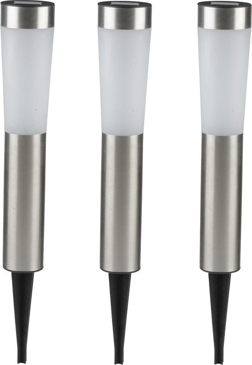 Grundig 3x Solar Tuinlampen Pilaar/Paal - 56cm - RVS