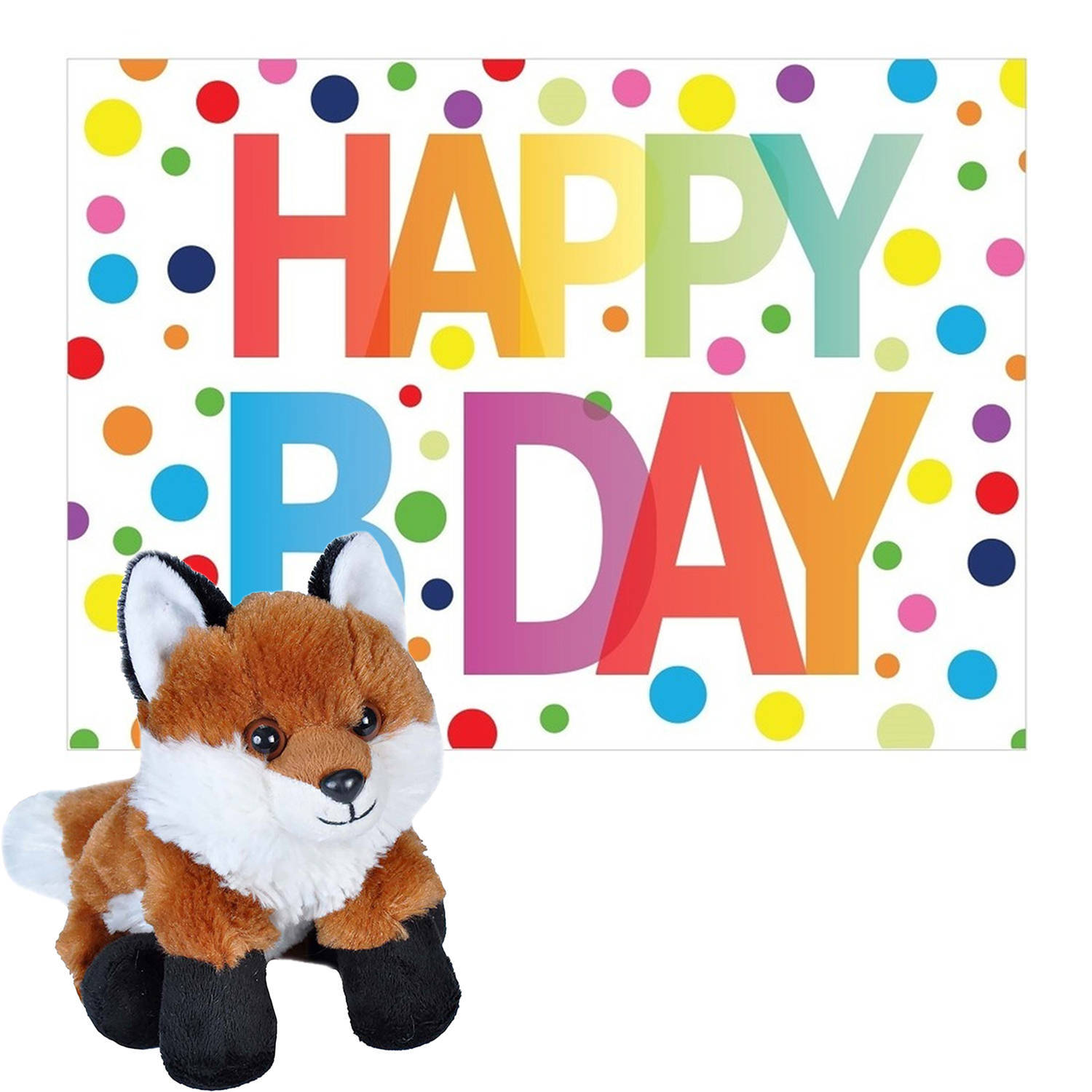 Wild Republic pluche dieren knuffel rode vos 18 cm met happy birthday wenskaart - knuffeldier