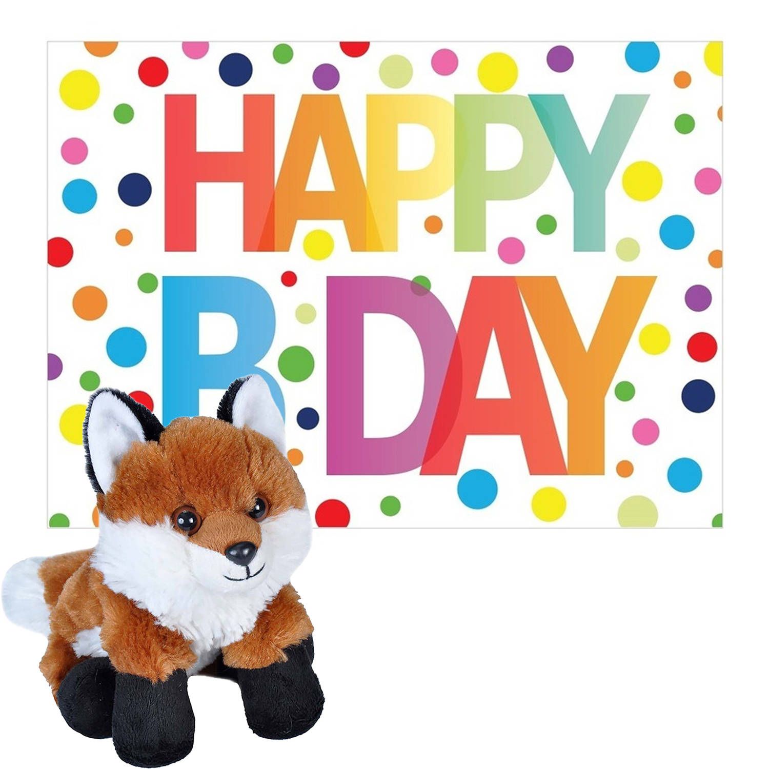 Wild Republic Pluche Dieren Knuffel Rode Vos 18 cm + Happy Birthday Wenskaart - Knuffeldier