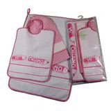Set voor kleuterschool en kleuterschool om op te borduren. 3-delige set: slabbetje met elastiek 29 x 35 cm, handdoek 40 x 55 cm en zakje 32 x 37 cm met lint van ethamine voor kruissteek, katoen, 100%