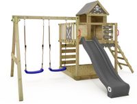 Wickey Smart Cave Speeltoestel - Dubbele schommel met Glijbaan en Speelhuisje - Klimwand & Zandbak - 339x436x265 cm - Grijs