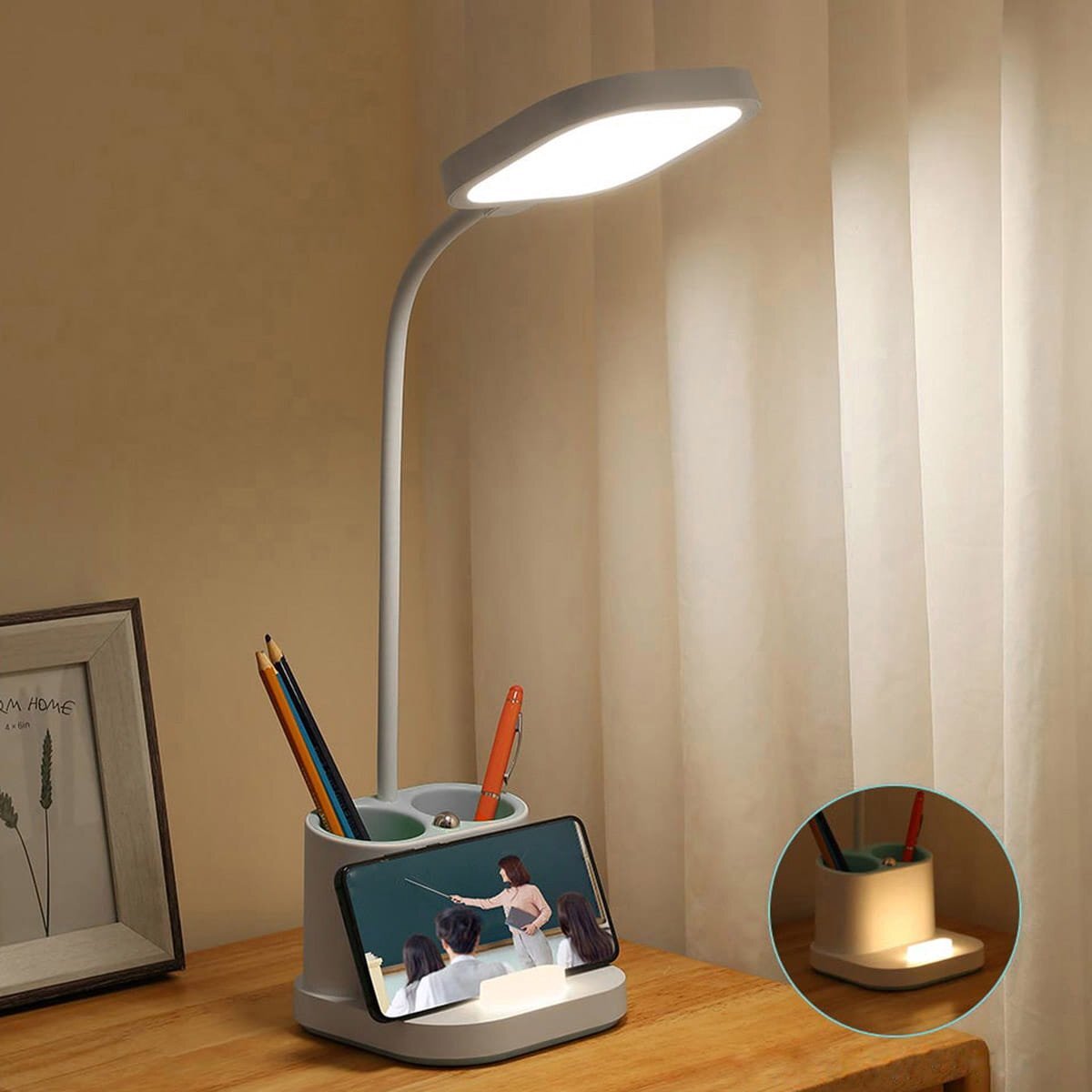 Platinet PDL008 - 4 in 1 Bureaulamp - Pennenhouder - Telefoonlader - Nachtlamp - Wit