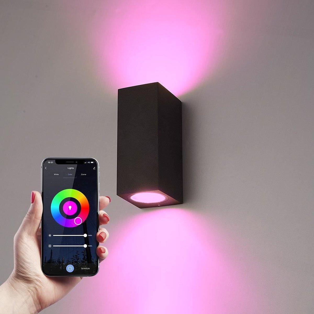 HOFTRONIC Smart Selma - Smart Wifi LED Wandlamp Zwart met 2x 5,5W Dimbare RGBWW spot - Up&Down light - IP44 - 800lm - Geschikt als wandlamp buiten, wandlamp badkamer en wandlamp binnen