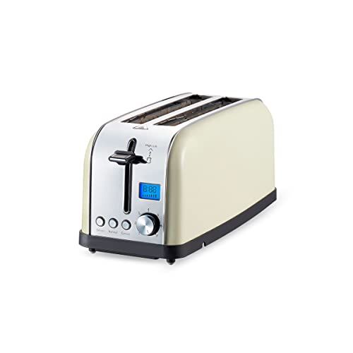 PRIXTON Bianca Pro broodrooster voor brood, 2 sleuven voor 4 broodroosters, 1500 W, 7 toastniveaus, LCD-display met timerfuncties, opwarmen, roestvrij staal
