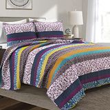 Lush Decor Boho Stripe Omkeerbare Katoen 3-delige Quilt Set, Polyester, Plum & Yellow, Full/Queen