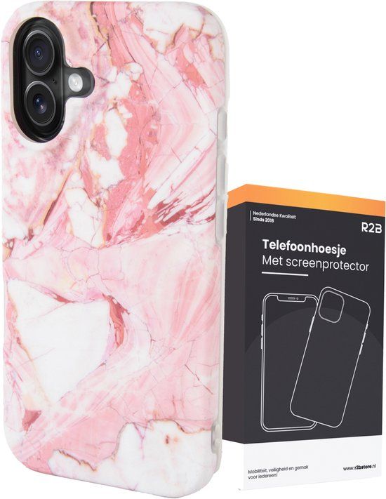 R2B iPhone 16 Hoesje - Marmer - Roze/Wit/Oranje - TPU Back Cover - Inclusief Screenprotector