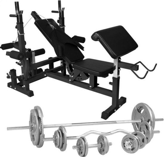 Gorilla Sports Universele Halterbank Wit + 108 kg Halterset - Gripper Gietijzer