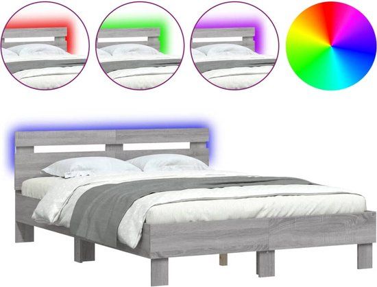 vidaXL Bedframe met hoofdeinde en LED grijs sonoma eiken 135x190 cm
