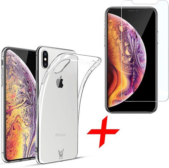 iCall Transparant Hoesje voor Apple iPhone Xs Max Soft TPU Gel Siliconen Case + Tempered Glass Screenprotector Transparant