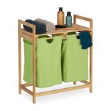 Relaxdays dubbele wasmand, uitschuifbaar, HBD: 73x64x33 cm, badkamer, slaapkamer, wassorteerder 2 vakken, natuur/groen