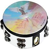 Remo World Percussion Lofprijzing Tambourijn 10" Dubbelrijig – Motief: Duif en open handen, Acousticon frame, Wit, 8 jingle-paren, Vast voorgestemd, Lichtgewicht – TA-9210-00-23