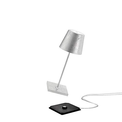 Zafferano Poldina Pro Mini, Draadloze LED-tafellamp met oplaadbare batterij, Touchdimmer, draadloos opladen, IP20 Binnengebruik, H30cm - metallic bladafwerking, handgemaakt, zilverkleur