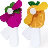 Merkloos Mini ventilator/handventilator - 2x stuks - druif/sinaasappel - verkoeling - festival/zomer