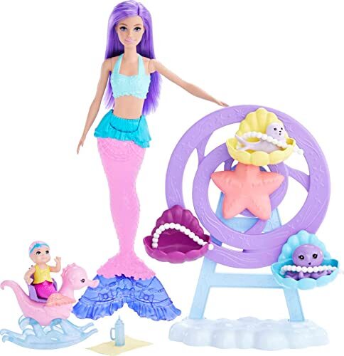 Barbie Zeemeerminpop | Zeemeerminspeelgoed | Paars haar | Paars-roze staart | verzorgingsspeelset | Meerminbaby, octopus, dolfijn en accessoires HLC30