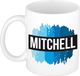 Bellatio Decorations Mitchell naam cadeau koffie mok - beker - met blauw verfstrepen - Cadeau collega - vaderdag - verjaardag - meester - coach - 300 ml - wit