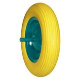 Amig - Geel, lekbestendig polyurethaanwiel model 2610 voor handkarren, magazijn- of bouwtrolleys - Diameter Ø360 x 80 x 200 mm · Groene velg zonder schroeven