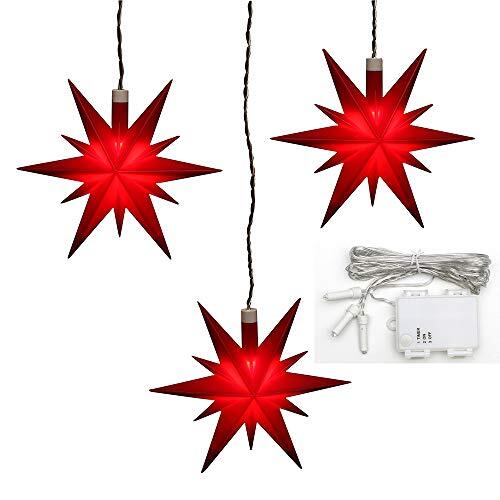 Dekohelden24 Set van 3 kerststerren van kunststof in rood, incl. LED-verlichting en 6h timer, voor gebruik op batterijen, geschikt voor binnen en buiten. Afmetingen per ster L/B/H: 13,5 x 5,5 x 12 cm.