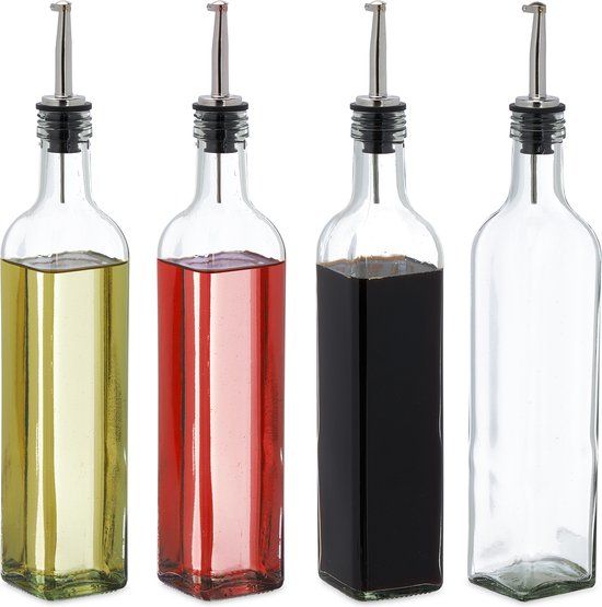 Merkloos Relaxdays Olieflessen - Set van 4 - met Schenktuit - 500 ml - Azijnfles - Glas