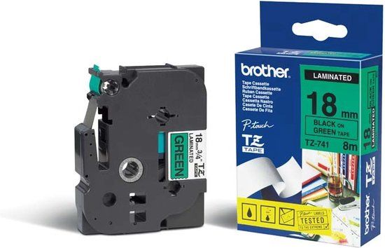 Brother TZe-741 Label Tape - Black on Green - 18mm