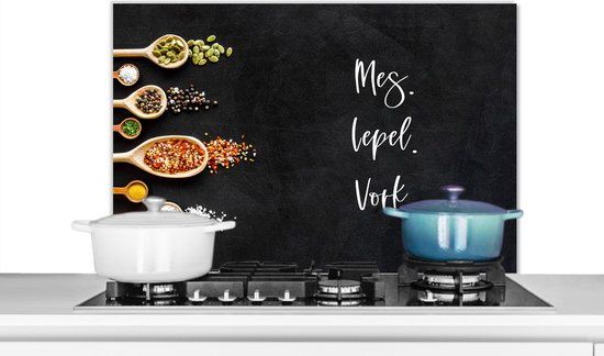 KitchenYeah Spatscherm keuken 90x60 cm - Kookplaat achterwand Keuken - Spreuken - Mes. Lepel. Vork. - Quotes - Bestek - Muurbeschermer - Spatwand fornuis - Hoogwaardig aluminium