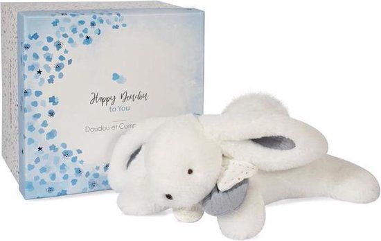 Happy DouDou et Compagnie Happy Glossy knuffel konijn - wit blauw