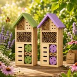 Benza Insectenhotel Set van 2 Groen & Paars 13 x 8,5 x 26 cm Houten Bijenhotel en Vlinderhotel