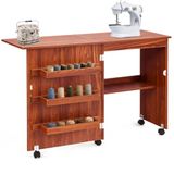 Shally Dogan Opvouwbare naaimachinekast met 5 zwenkwielen, inklapbare houten naaitafel, ruimtebesparend, intrekbare strijkplank, multifunctioneel bureau (kersenboom)