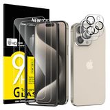 NEW'C Set van 4, 2 x Screen Protector voor iPhone 15 Pro Max (6,7 Inch) en 2 x Camera Lens Protector - Gehard Glass Schermbeschermer - Luchtbelvrij - Ultrabestendig - 9H hardheidsglas