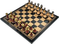 Échecs classiques, modèle classique, métal/bois + échiquier en similicuir, or/noir, 33