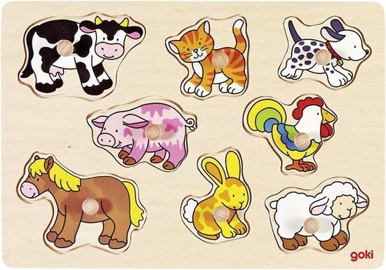 Goki Noppenpuzzel Dieren - Houten Puzzel - 9 Stukjes - Vormenpuzzel - Vanaf 18 Maanden