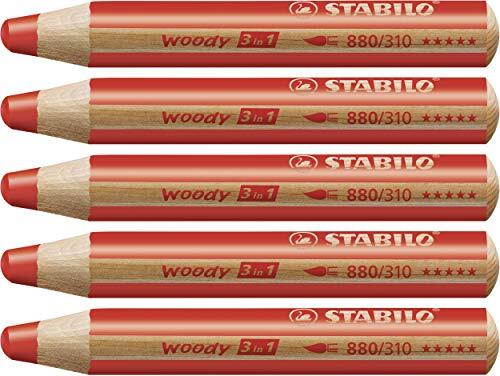 Stabilo Kleurpotlood, waterverf & waskrijt- woody 3 in 1-5 stuks - rood