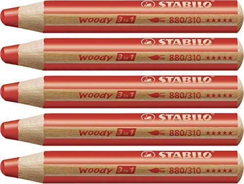 Stabilo Woody 3 in 1 Kleurpotloden - 5 stuks - Rood
