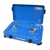 B-Camping kookpit/kookstel - 2-pits - blauw - metaal - 47 x 34 x 10 cm - voor gasflessen - gasfornuis