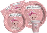 Tableware Party Pack Primo Compleanno for 8 people (44 pcs: 8 plates Ø23cm, 8 plates Ø18cm, 8 cups 250ml, 20 napkins 33x33cm) in eco-friendly compostable paper, baby pink
