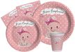 Tableware Party Pack Primo Compleanno for 8 people (44 pcs: 8 plates Ø23cm, 8 plates Ø18cm, 8 cups 250ml, 20 napkins 33x33cm) in eco-friendly compostable paper, baby pink