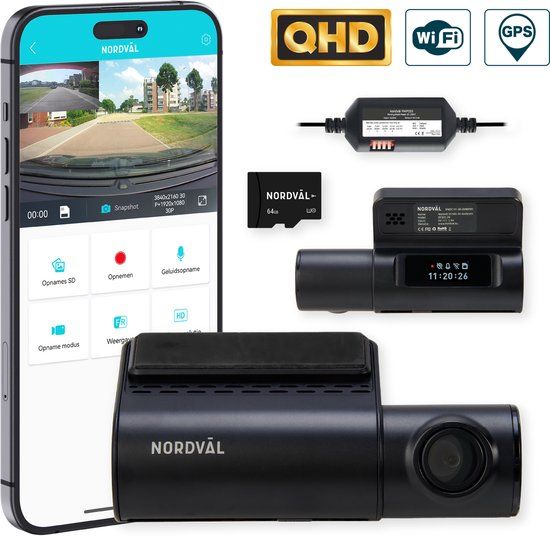 Nordväl DC101-2K Dashcam – Incl. 64GB SD Kaart & Parkeermodus kabel set – 2K HD – Wifi – GPS – Parkeermodus – Nachtzicht – Super compact – Auto camera – Dashcam voor auto