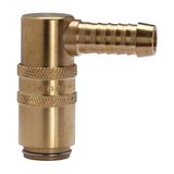 Temperierkoppeling RIEGLER Temperierkoppeling DN 6, kegels 9 mm, messing, slangtuit 90 °, PN max. 15 bar, medium/omgevingstemperatuur -20 °C tot 160 °C.