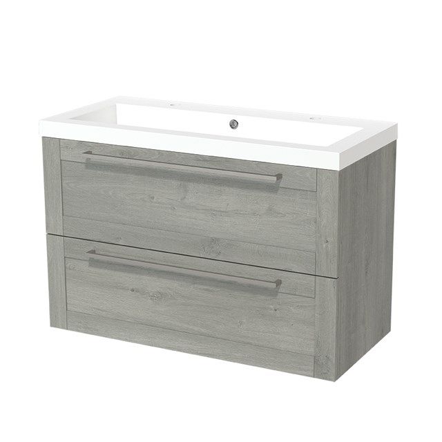 Maxaro Badkamermeubel 100cm Modulo Grijs Eiken 2 lades Kader Wastafel Mineraalmarmer