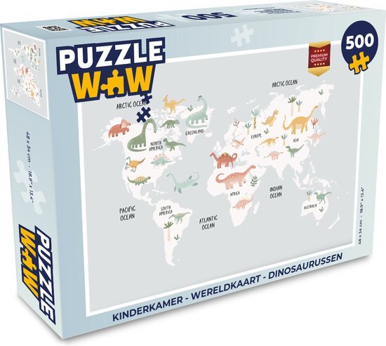 MuchoWow Puzzel Kinderkamer - Wereldkaart - Dinosaurussen - Legpuzzel - Puzzel 500 stukjes