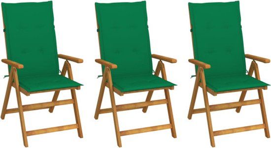vidaXL Set van 3 klapstoelen met kussens, massief acaciahout, groen