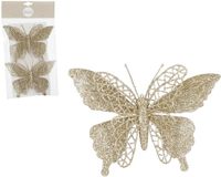 House of Seasons Edelman Bv Kerstboomversiering Vlinder - 2x stuks - 16 cm - champagne glitter - op clip