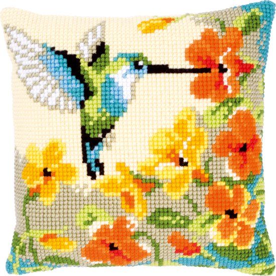 Vervaco Kruissteekkussen kit - Kolibri met bloemen - 40 x 40 cm