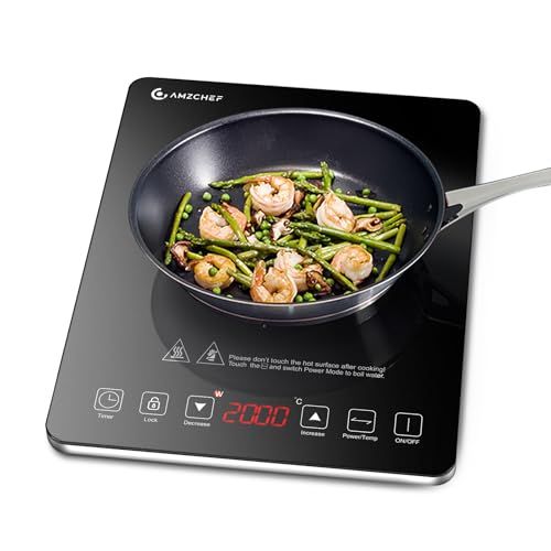 Inductiekookplaat, AMZCHEF Inductiekookplaat, enkele inductiekookplaat met ultradun ontwerp, 20 temperatuurinstellingen en 20 vermogensstanden, 2000W inductiekookplaat 1 plaat, 3-uurs timer, veiligheidsvergrendeling.