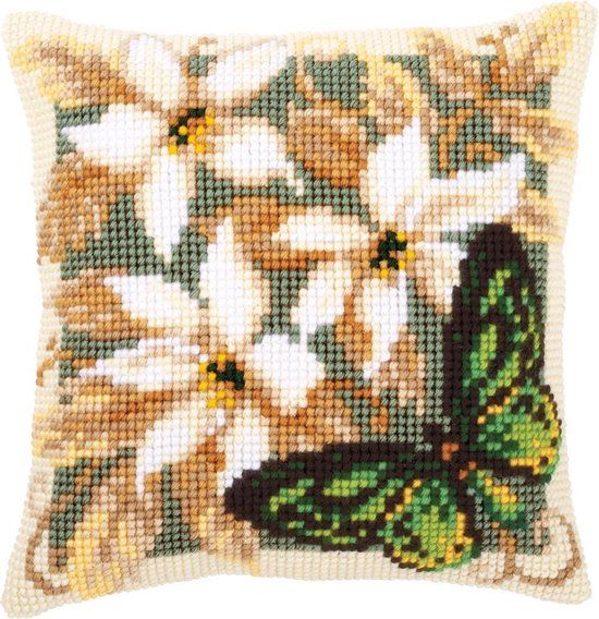 Vervaco Kruissteekkussen kit - Groene vlinder & witte bloemen - PN-0146841