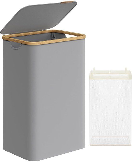 SONGMICS - Wasmand met deksel - 90L - Oxfordstof en bamboe handgrepen - Opvouwbaar - Grijs