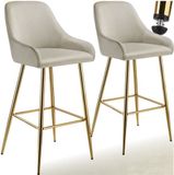 tectake® Set van 2 Barkrukken Avane - Gestoffeerde Barkruk met rugleuning - Barstoelen - Ergonomische Barstoel met voetensteun - Eetkamerstoel met fluweellook bekleding - Stevige stalen poten met antislip vloerbescherming - Crème/Goud