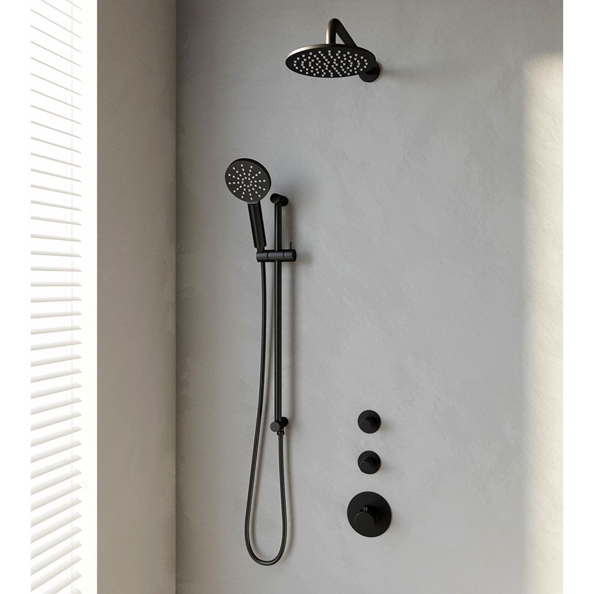 Brauer Regendoucheset 23 Inbouw Muur Black Edition 20cm Rond Mat Zwart 3 Greeps 3-weg Met Thermostaatkraan Glijstang en Handdouche