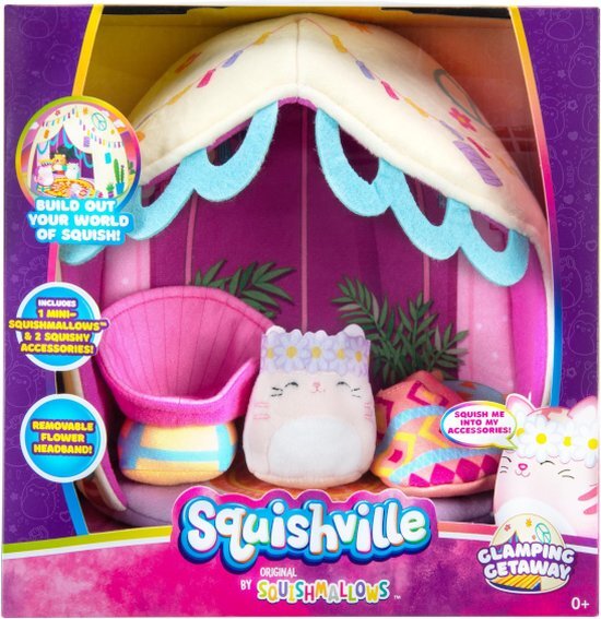 Squishville SQM0210 Deluxe Glamping Inclusief 2 inch Paulita The Pink Tabby Cat, Emmerstoel, Slaapzak & Glamping Speelscène-Speelgoed voor kinderen, Multi