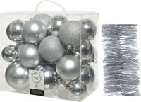 Decoris Kaemingk B.V. Kerstversiering kunststof kerstballen 6-8-10 cm met glitter folieslingers pakket zilver van 28x stuks