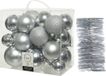 Decoris Kaemingk B.V. Kerstversiering kunststof kerstballen 6-8-10 cm met glitter folieslingers pakket zilver van 28x stuks